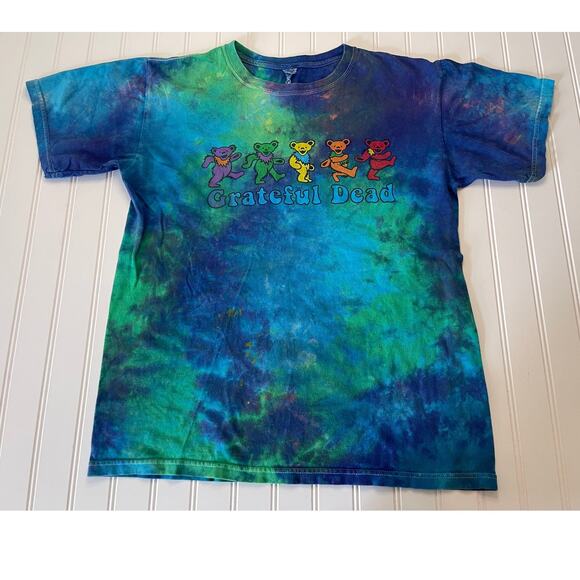 Y2K Grateful Dead Bears Psychedelic Green Blue Tie Dye Rock Band T Shirt Medium - Picture 1 of 8